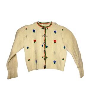 Reine Wolle Wool Cardigan Cable Knit Sweater Cream Cottagecore Floral Bouquet 4